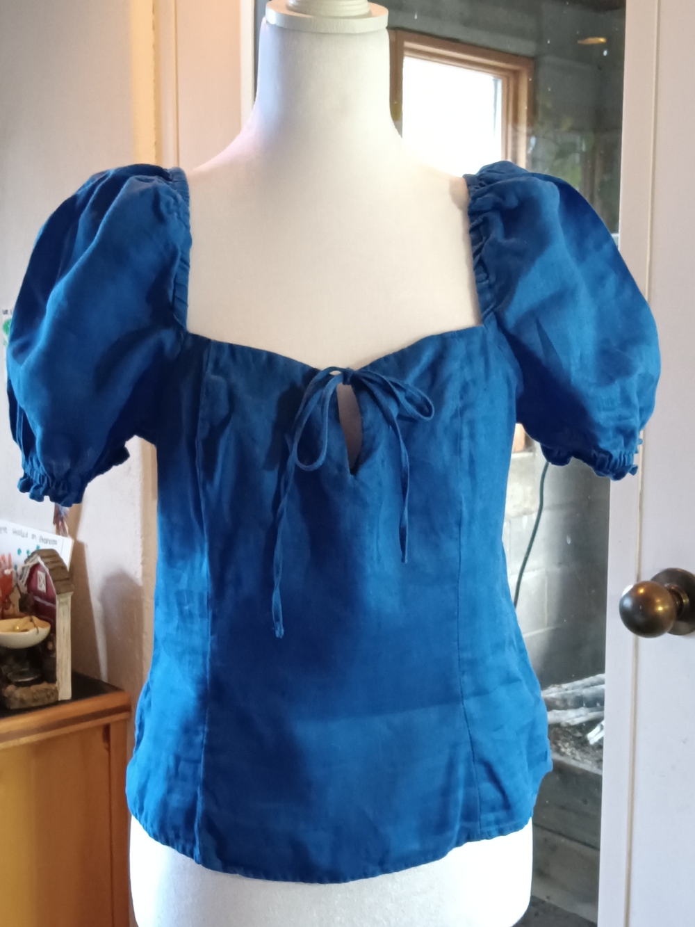 H&M Royal Blue Puff-Sleeve Tie-Front Blouse